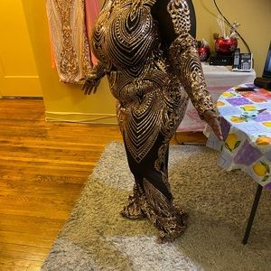 Long-sleeved semi-see through gold and black gown!